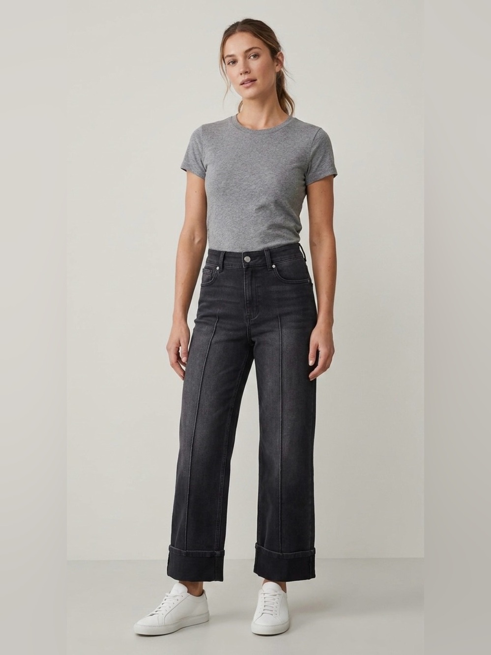 Dear John Holly Wide Leg Black Jeans Pintuck Front Seam Cuffed Denim
